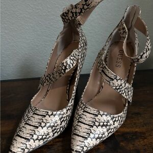 GUESS Snake-Print Pointed Toe Heels in Cream and Black